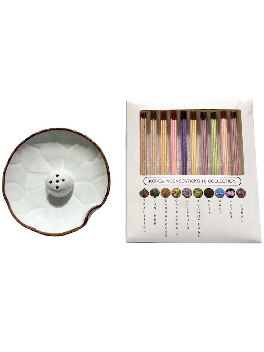 New Incense World Korean Ceramic Lotus Incense Holder Gift Set w/ 10 Scents